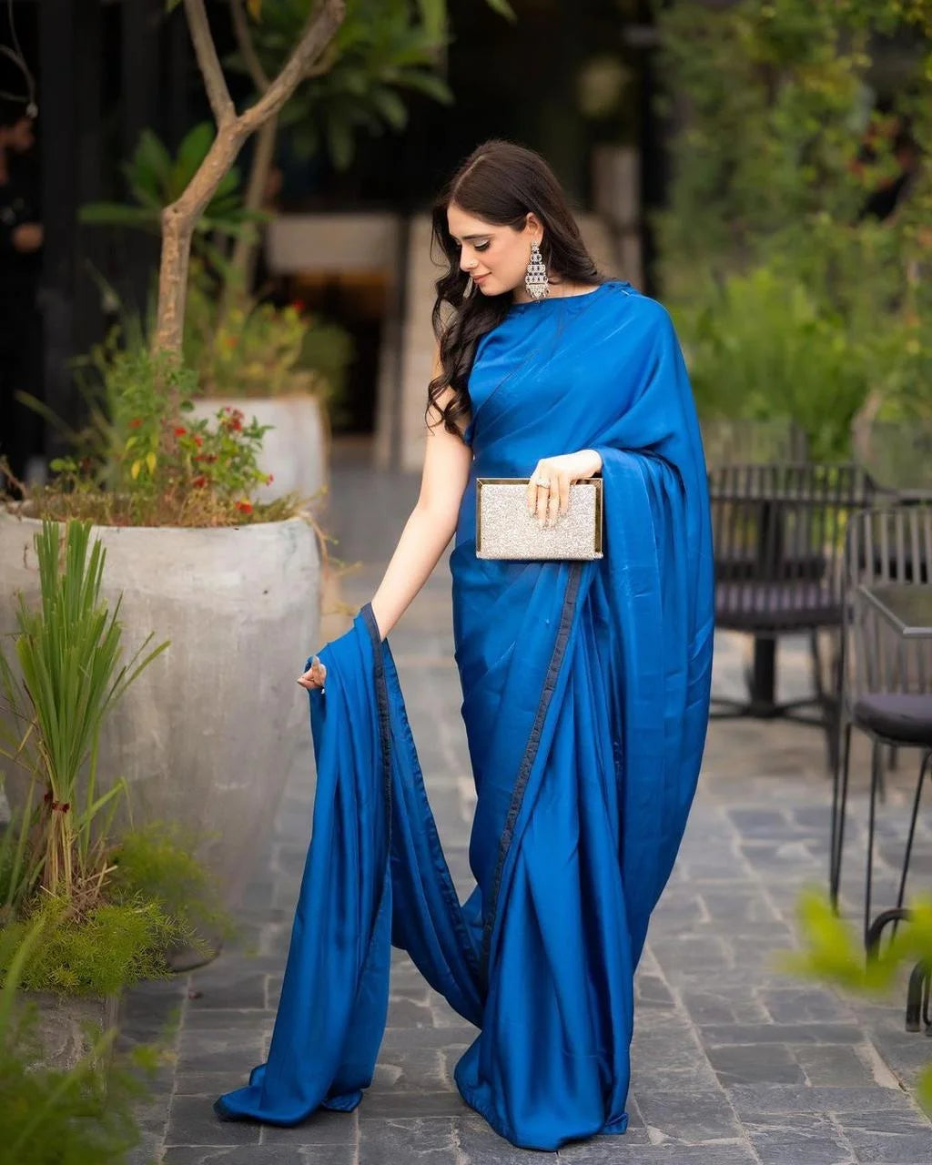 Stiched Blue Silk Sleeveless Saree