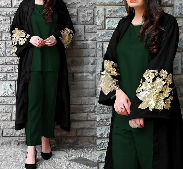 Stylish 3-Piece Embroidered Gown Set with Varied Inner Trouser Shades