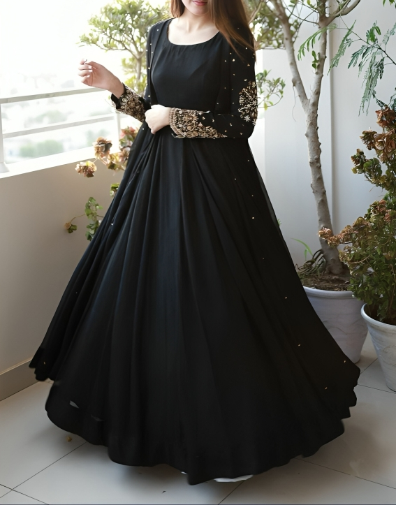 Exquisite Embroidered Gown with Pearls Adorning Both Front and Back, Paired with Long Maxi Trouser - 3-Piece Set