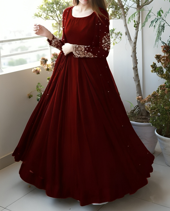 Exquisite Embroidered Gown with Pearls Adorning Both Front and Back, Paired with Long Maxi Trouser - 3-Piece Set