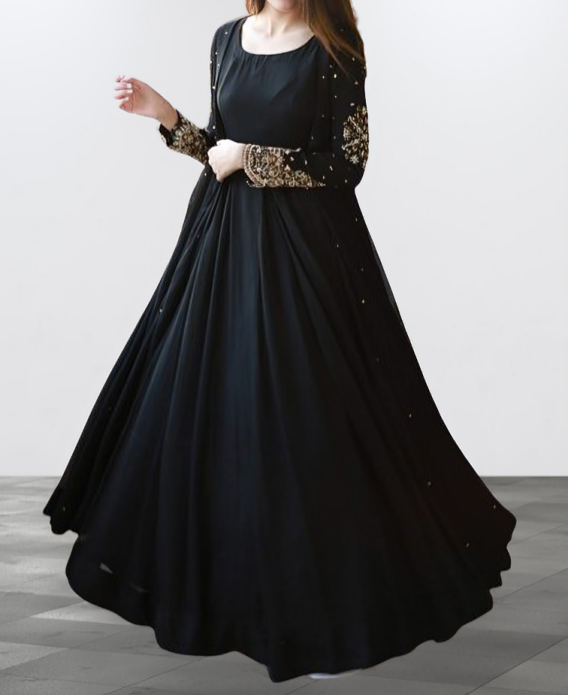 Exquisite Embroidered Gown with Pearls Adorning Both Front and Back, Paired with Long Maxi Trouser - 3-Piece Set