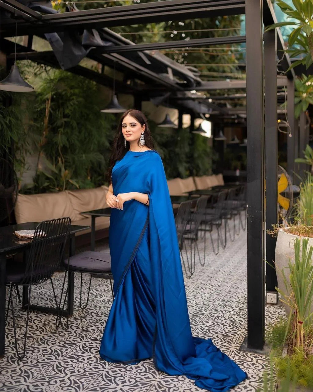 Stiched Blue Silk Sleeveless Saree