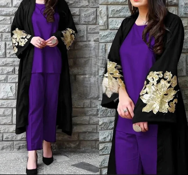 Stylish 3-Piece Embroidered Gown Set with Varied Inner Trouser Shades