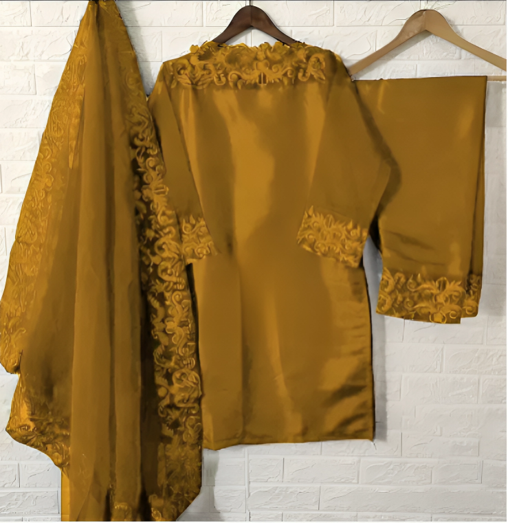 Three-Piece Set: Neck and Sleeve Embroidered Lace, Featuring Four-Side Border Embroidered Dupatta