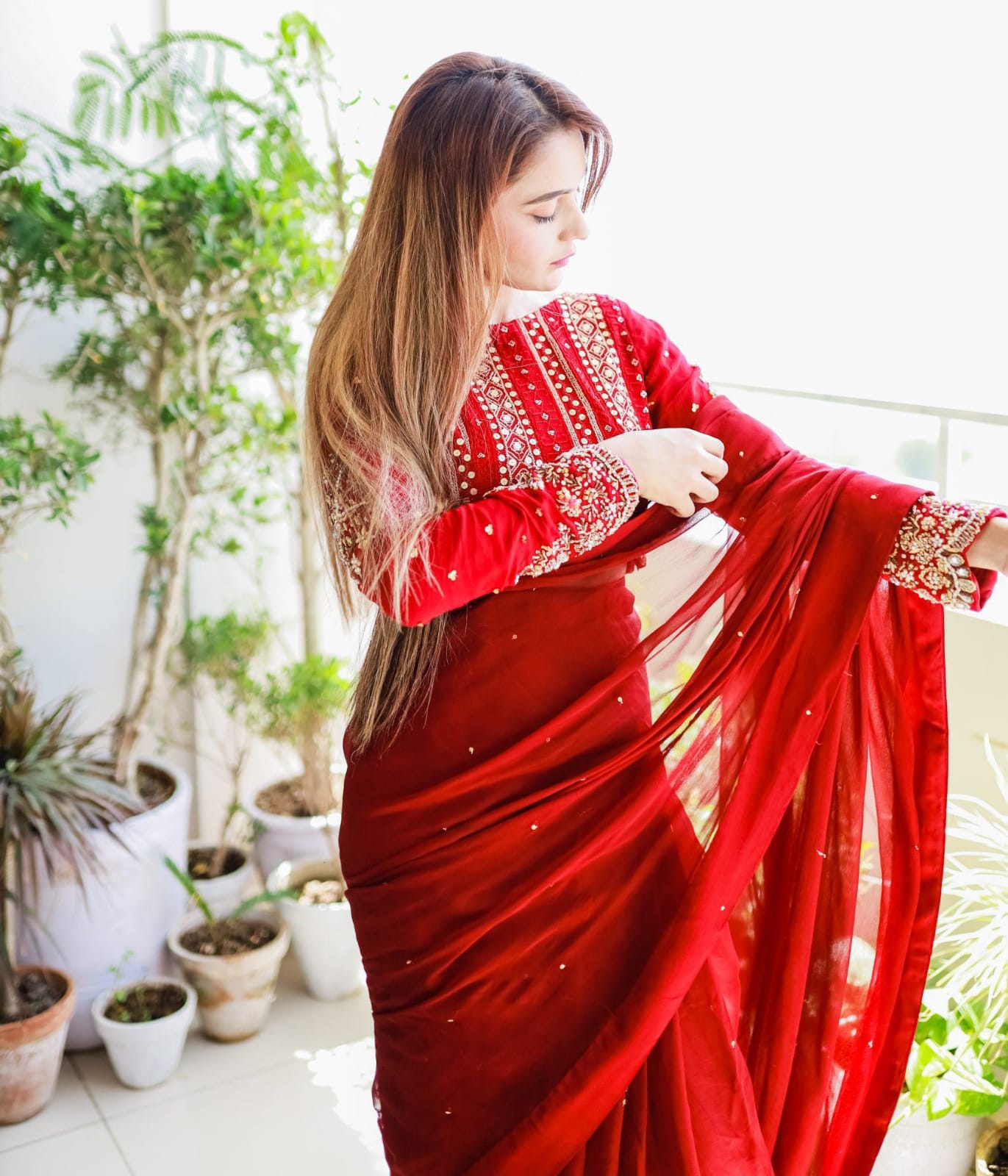 Silk Blouse with Sleeve Sequin Embroidery, Paired with Petticoat and Pearls-Adorned Saree