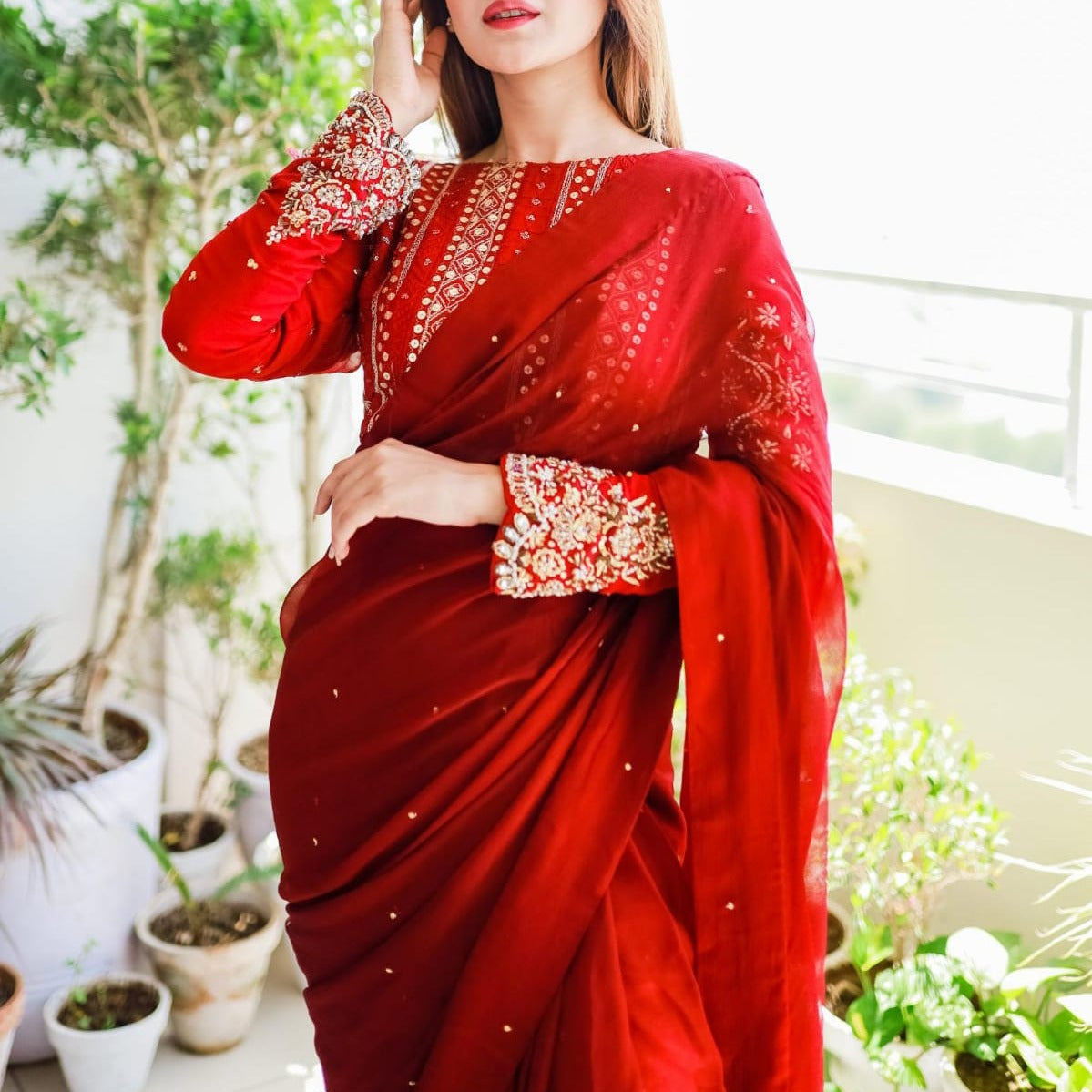 Silk Blouse with Sleeve Sequin Embroidery, Paired with Petticoat and Pearls-Adorned Saree