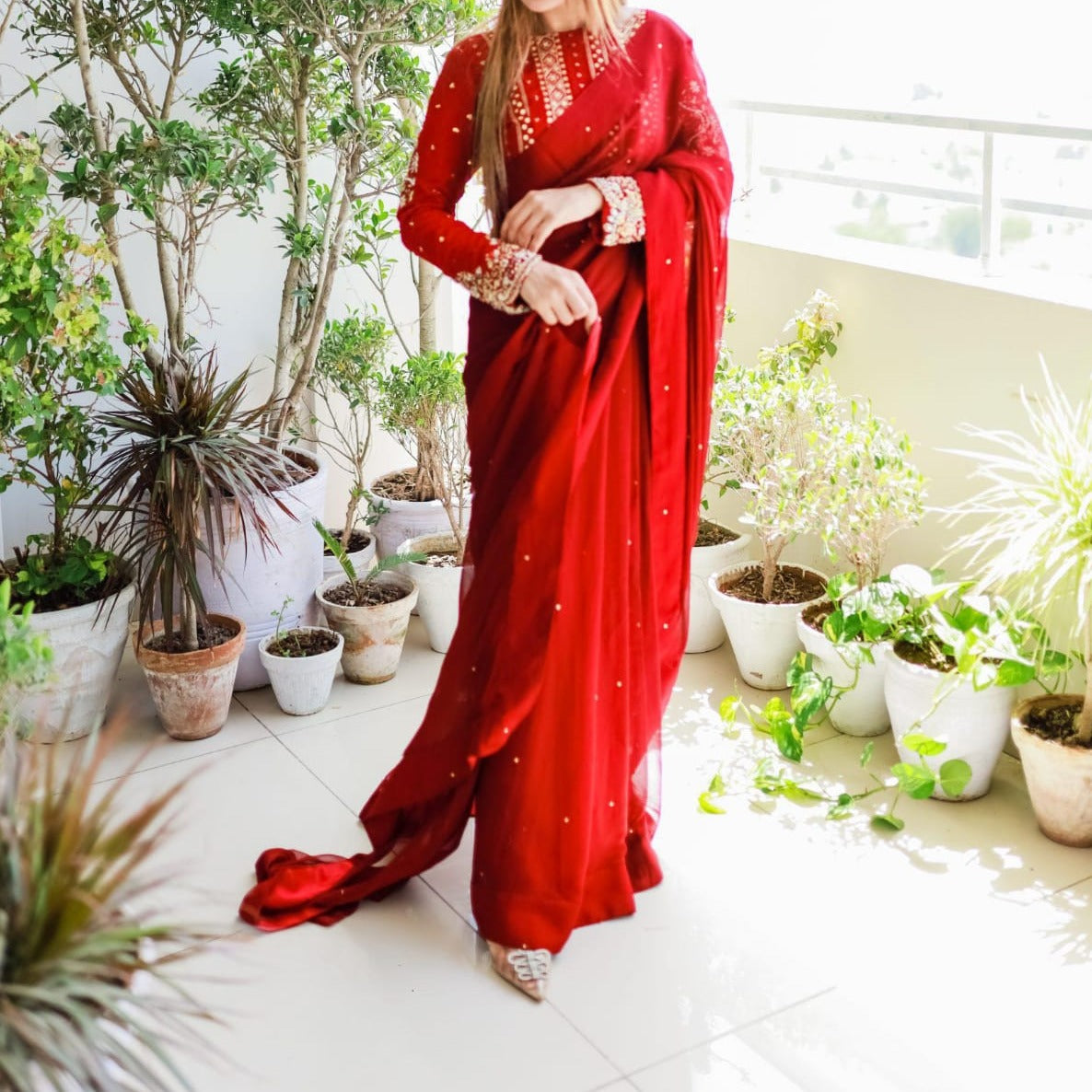 Silk Blouse with Sleeve Sequin Embroidery, Paired with Petticoat and Pearls-Adorned Saree